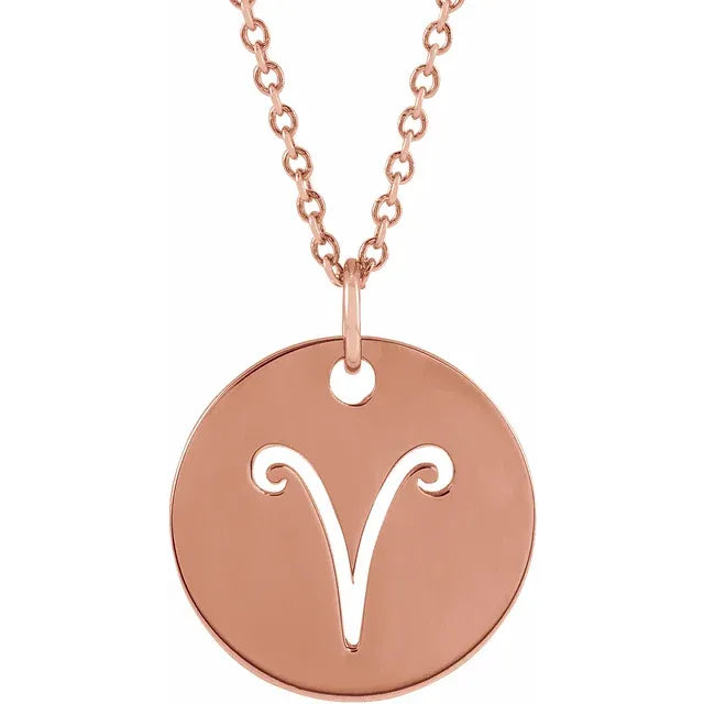 Zodiac Horoscope Aries Sign Disc Necklace in 14K Rose Gold
