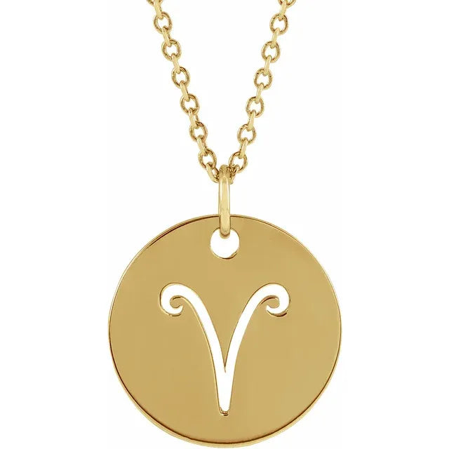 Zodiac Horoscope Aries Sign Disc Necklace in 14K Yellow Gold