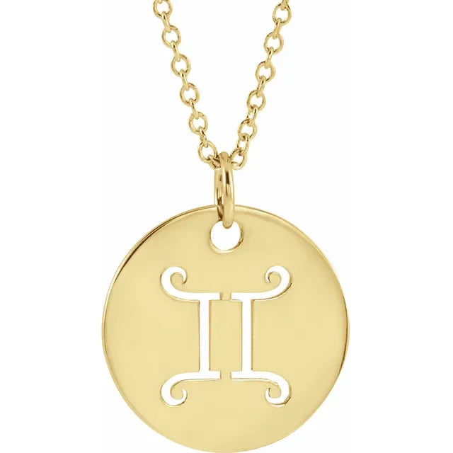 Zodiac Horoscope Gemini Sign Disc Necklace in 14K Yellow Gold