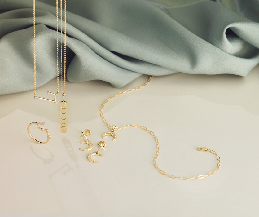 Celestial Zodiac Jewelry Featuring our Natural Diamond Zodiac Necklace in Solid 14K Gold