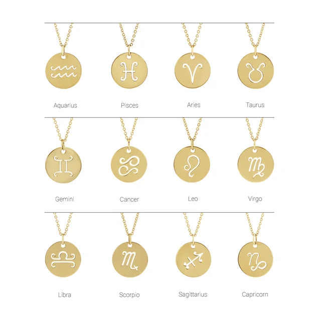 Zodiac Horoscope Sign Disc Necklace in 14K Yellow Gold