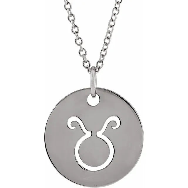 Zodiac Horoscope Taurus Sign Disc Necklace in 14K White Gold or Sterling Silver