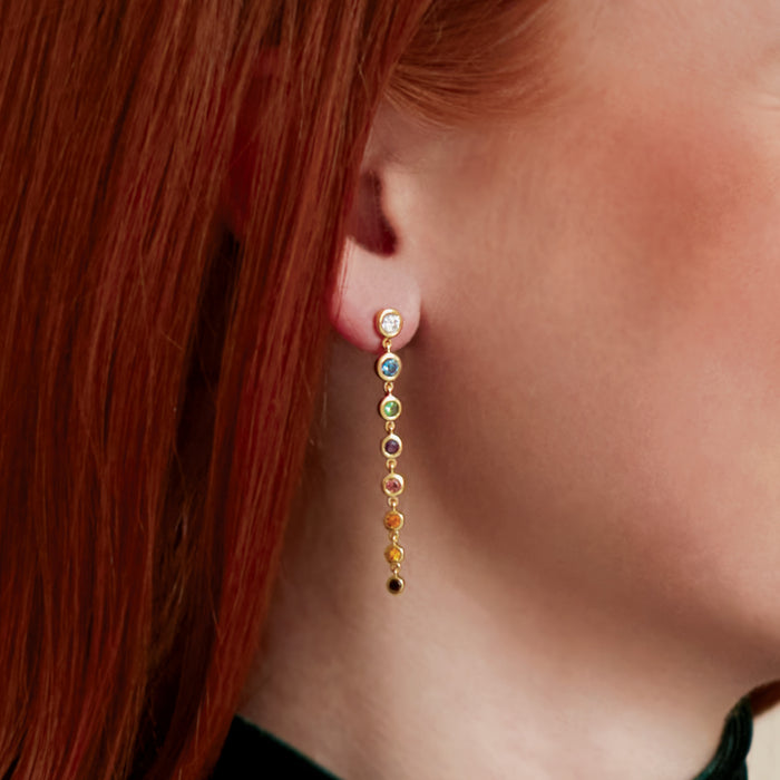 As seen in Harper's Bazaar Stay Flirty Natural Diamond & Rainbow Gemstone Graduated Dangle Earrings in 14K Yellow Gold on Model