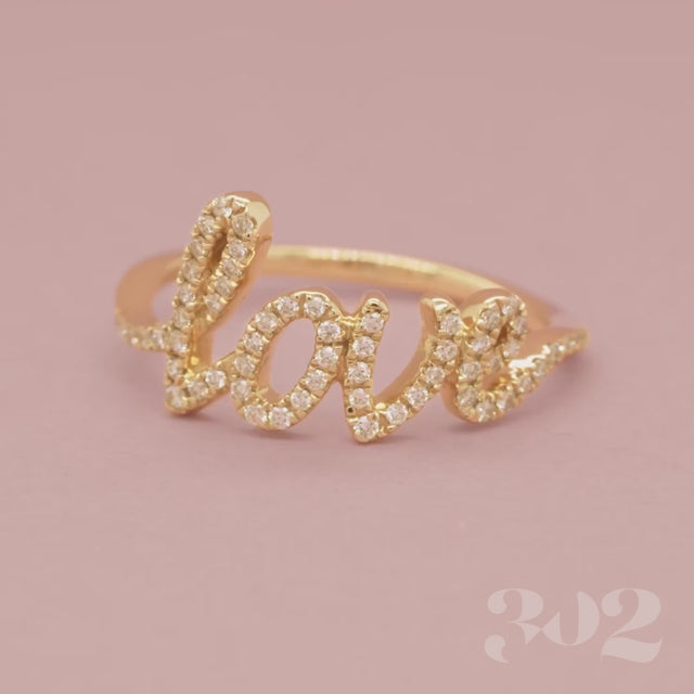 Video of Love Script Natural Diamond Ring in 14K Yellow Gold