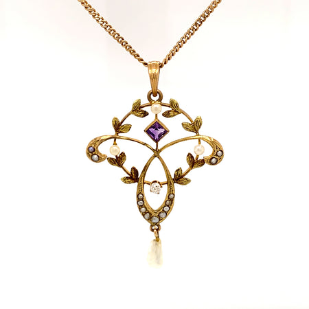 Sustainable Jewelry One-of-a-Kind Vintage Necklace 10K Yellow Gold Delicate Circular and Trefoil Pendant One Old Mine Cut Diamond Square Cut Amethyst Seventeen Seed Pearls 18.5" Length