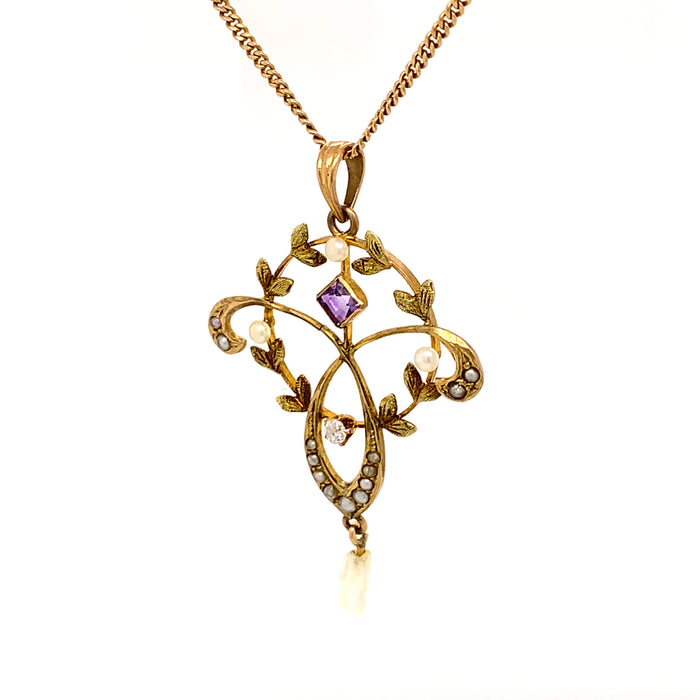 Sustainable Jewelry One-of-a-Kind Vintage Necklace 10K Yellow Gold Delicate Circular and Trefoil Pendant One Old Mine Cut Diamond Square Cut Amethyst Seventeen Seed Pearls 18.5" Length