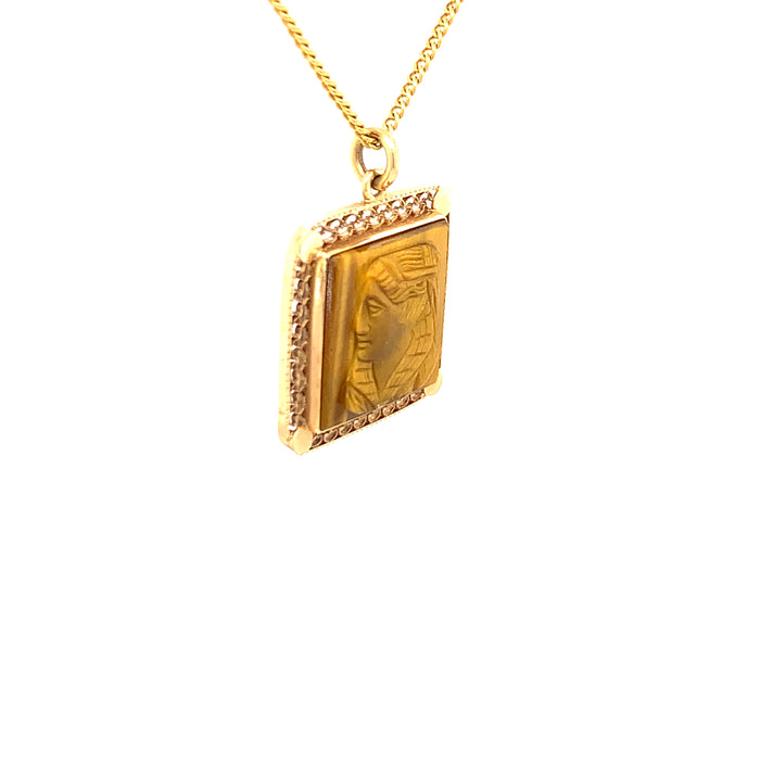 Sustainable Jewelry Vintage Necklace 14K Yellow Gold Engraved Tiger's Eye Cameo Pendant 18" Long