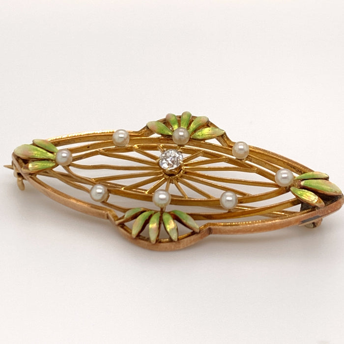 Art Nouveau Krementz 14K Yellow Gold Diamond and Seed Pearl Enameled Brooch Vintage Magnality Sustainable Fine Jewelry