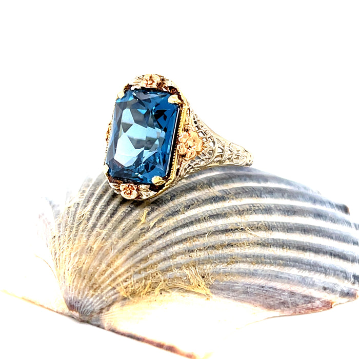 Vintage 1930's Lab-Grown Spinel 14K White Gold Ring with Rose and Yellow Gold Accents  Ethical Sustainable Fine Jewelry Vintage Magnality