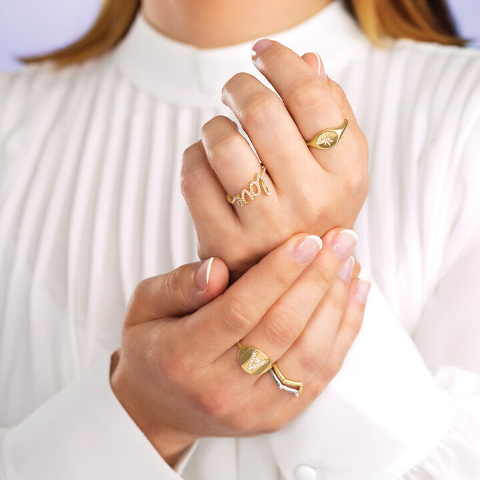 Model wearing our Diamond Stackable Chevron Ring 14K Yellow Gold