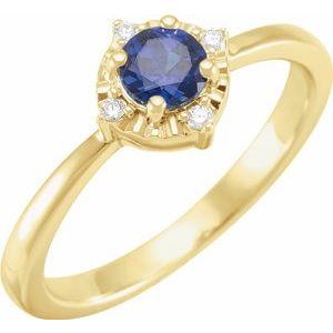 14K Yellow Gold Lab-Grown Blue Sapphire & .04 CTW Diamond Halo-Style Ring Storyteller by Vintage Magnality