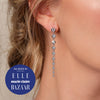 Model wearing our 2CTW Lab-Grown Diamond Graduated Bezel Dangle Earrings as seen in Elle Marie Claire and Harper's Bazaar Magazines