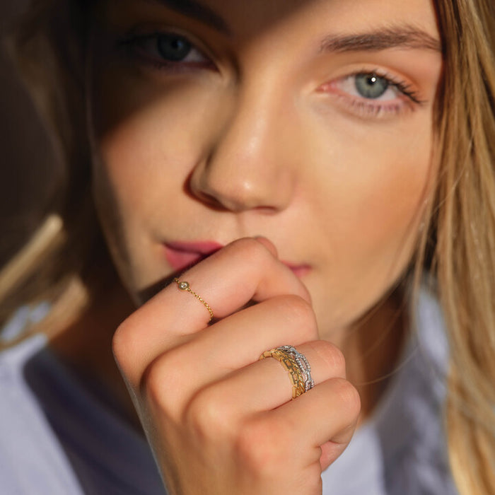 Model Wearing .02 CT Diamond Bezel-Set Chain Ring Storyteller by Vintage Magnality Ethical Sustainable Jewelry 