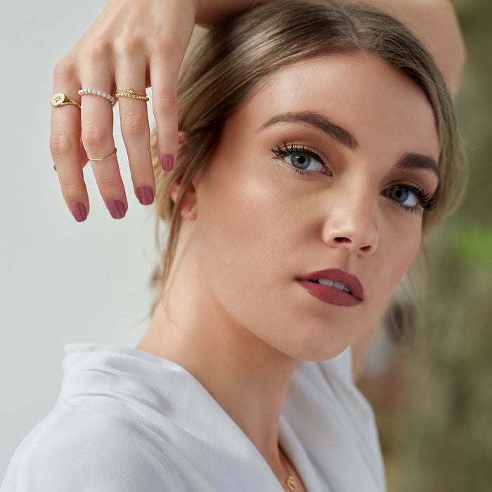 Model wearing our Fabulous Modern Freshwater Cultured Pearl Disc Bead Ring in Solid 14K Yellow Gold 