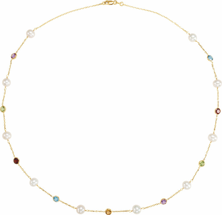 Freshwater Cultured Pearl & Multi-Gemstone Station 18" Necklace 14K Yellow Gold Ethical Sustainable Fine Jewelry Storyteller by Vintage Magnality