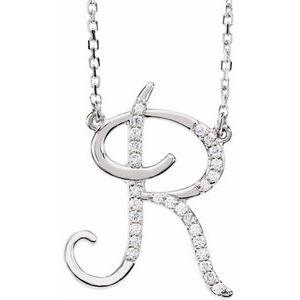 Cursive Diamond Initial R 16" Necklace Sterling Silver by Vintage Magnality