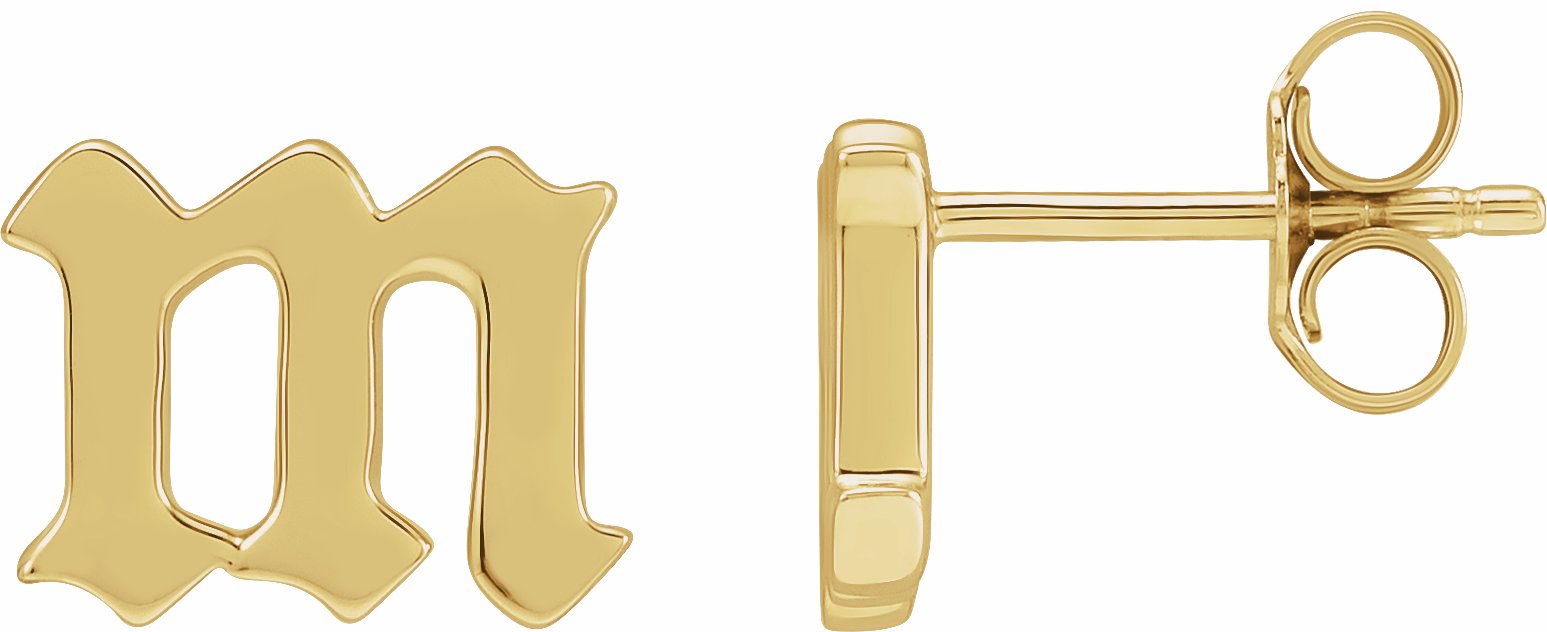 Gothic M Initial Stud Wear Everyday Earring in 14K Yellow Gold Storyteller by Vintage Magnality