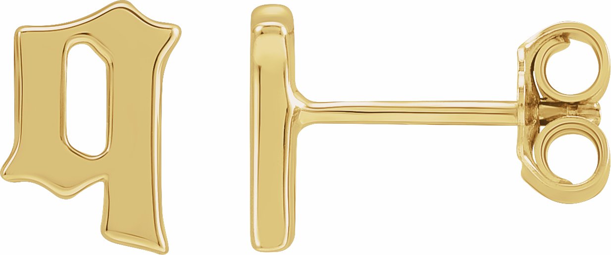 Gothic Q Initial Stud Wear Everyday Earring in 14K Yellow Gold Storyteller by Vintage Magnality