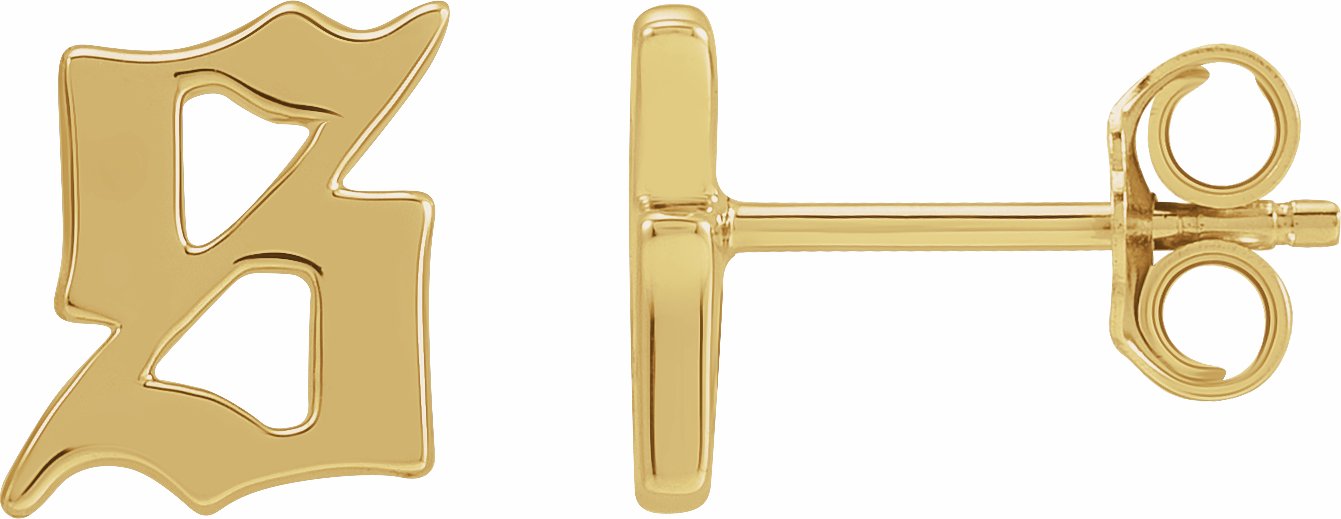 Gothic S Initial Stud Wear Everyday Earring in 14K Yellow Gold Storyteller by Vintage Magnality
