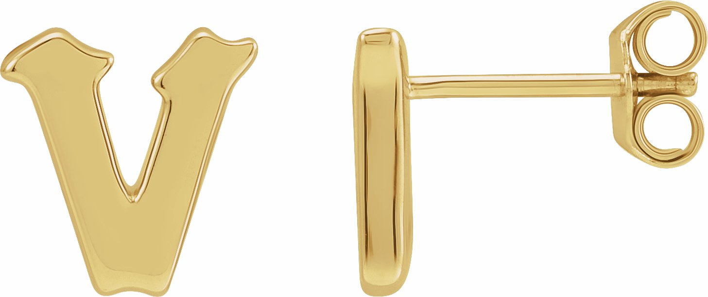 Gothic V Initial Stud Wear Everyday Earring in 14K Yellow Gold Storyteller by Vintage Magnality
