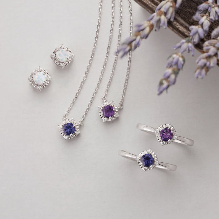 Select Your Birthstone Opal, Amethyst, Blue Sapphire and Diamond Halo Ring, Earrings and Necklace Sterling Silver, or 14K Yellow, White or Rose Gold