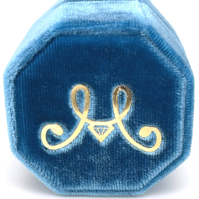 Vintage Magnality Gold Embossed Harbor Blue Silk Velvet Jewelry Ring Earring Box Handmade by Artisans in Europe