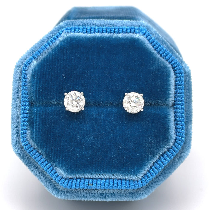 4 Prong Natural Diamond Studs in Handmade Harbor Blue Silk Velvet Earring Ring Box