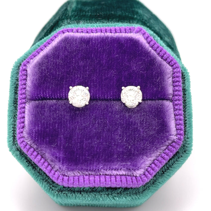 Green/Purple Silk Velvet Handmade Ring Earring Box by Vintage Magnality Shown with Diamond Studs