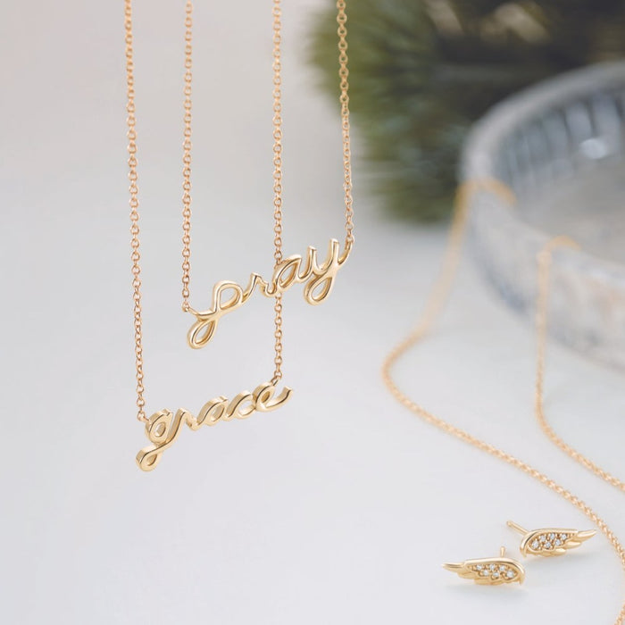 Pray and Grace Script Necklaces in 14K Yellow Gold Storyteller by Vintage Magnality