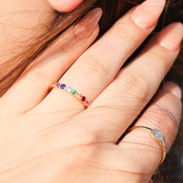 Custom Made Rainbow Natural Multi-Gemstone Anniversary Band Ring on Model