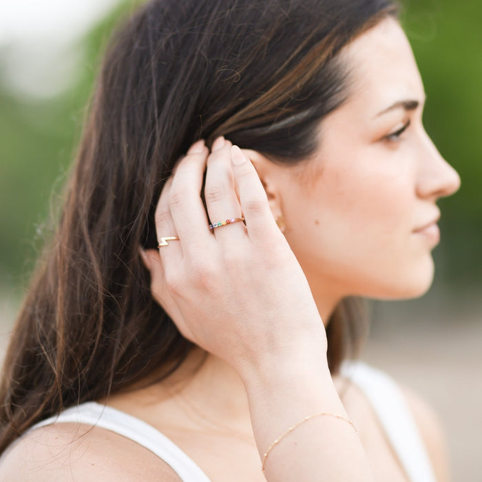 Model wearing stackable zig zag ring Storyteller by Vintage Magnality