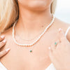 Model wearing 14K White Gold 1 MM Solid Beaded Curb 16" Chain Necklace Storyteller by Vintage Magnality