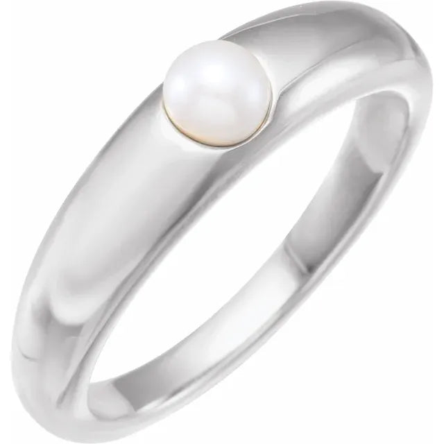 Dome Cultured Akoya Pearl Ring 14K White Gold and Sterling Silver