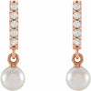 Cultured Akoya Pearl & Natural Diamond Bar Drop Earrings in 14K Rose Gold 