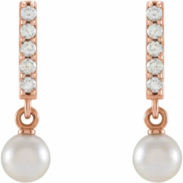 Cultured Akoya Pearl & Natural Diamond Bar Drop Earrings in 14K Rose Gold 