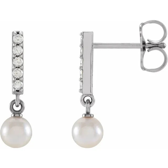 Cultured Akoya Pearl & Natural Diamond Bar Drop Earrings in 14K White Gold 