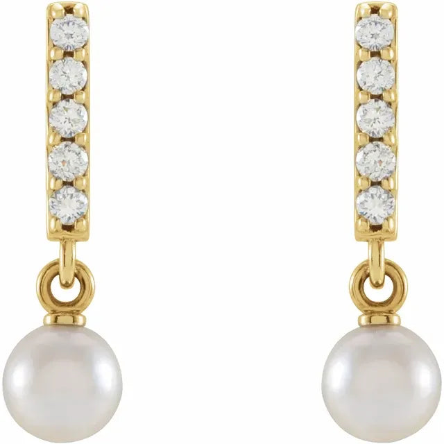 Cultured Akoya Pearl & Natural Diamond Bar Drop Earrings in 14K Yellow Gold 
