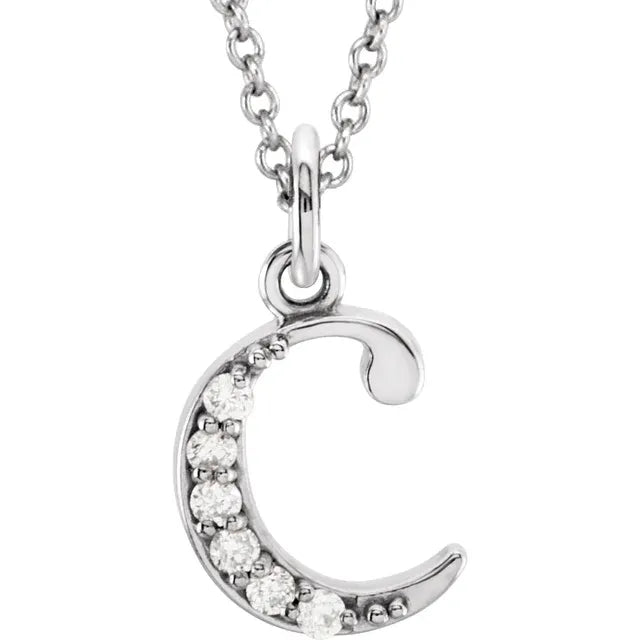 Alphabet Lowercase Initial C Natural Diamond Pendant 16" Necklace in 14K White Gold