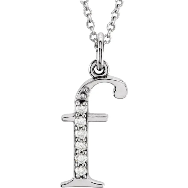 Alphabet Lowercase Initial F Natural Diamond Pendant 16" Necklace in 14K White Gold