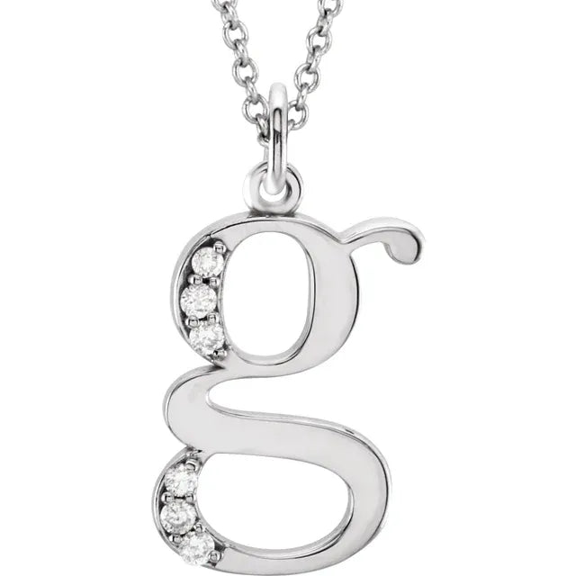 Alphabet Lowercase Initial G Natural Diamond Pendant 16" Necklace in 14K White Gold