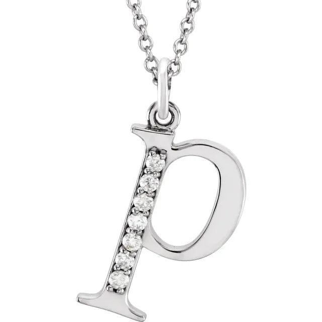 Alphabet Lowercase Initial P Natural Diamond Pendant 16" Necklace in 14K White Gold
