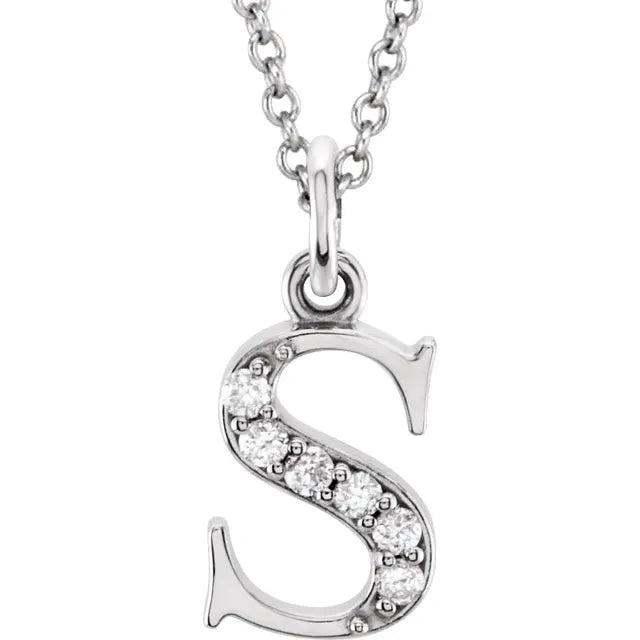 Alphabet Lowercase Initial S Natural Diamond Pendant 16" Necklace in 14K White Gold