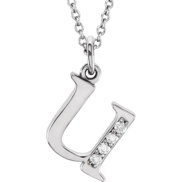 Alphabet Lowercase Initial U Natural Diamond Pendant 16" Necklace in 14K White Gold