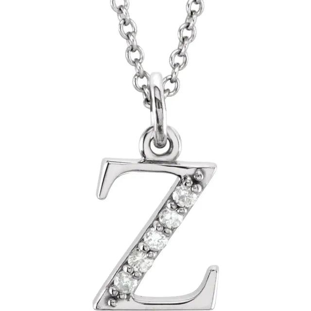 Alphabet Lowercase Initial Z Natural Diamond Pendant 16" Necklace in 14K White Gold