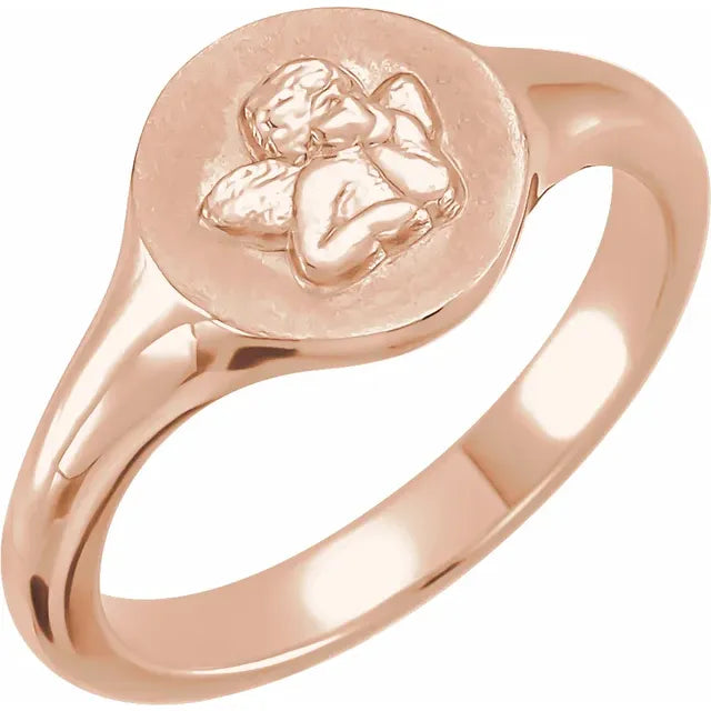 Cherished Cherub Angel Pinky Signet Ring 14K Rose Gold