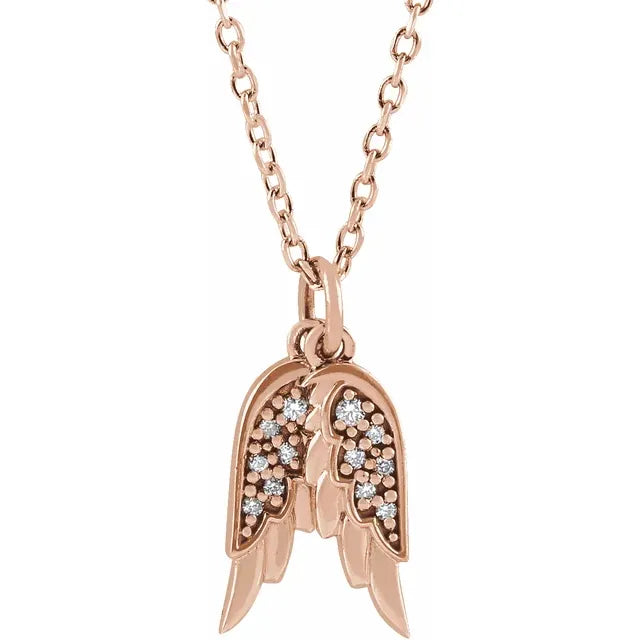 Natural Diamond Angel Wings Charm Necklace and Pendant 14K Rose Gold