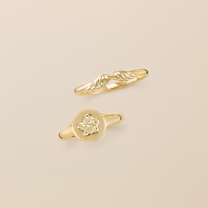 Stackable Angel Wings Ring and Cherub Signet Ring in Solid 14K Yellow Gold