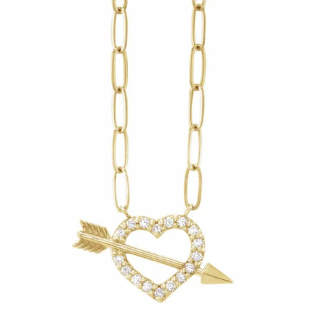 Cupid Heart Arrow 1/8 CTW Natural Diamond 16" Elongated Paperclip Chain Necklace in 14K Yellow Gold