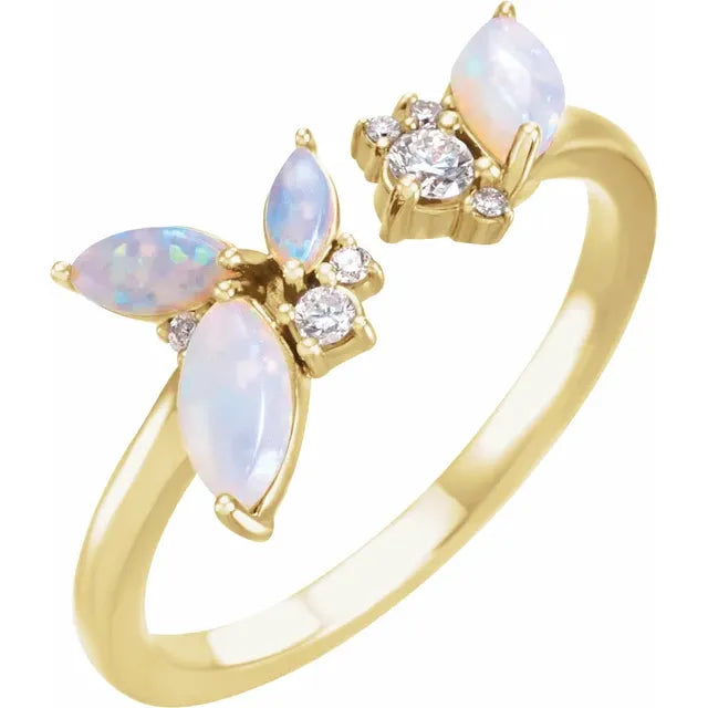 Australian White Opal and Natural Diamond Negative Space Ring in Solid 14K Yellow Gold