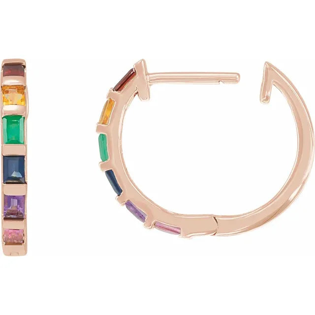 Baguette Natural Multi Gemstone Rainbow Hoop Earrings in 14K Rose Gold Open View
